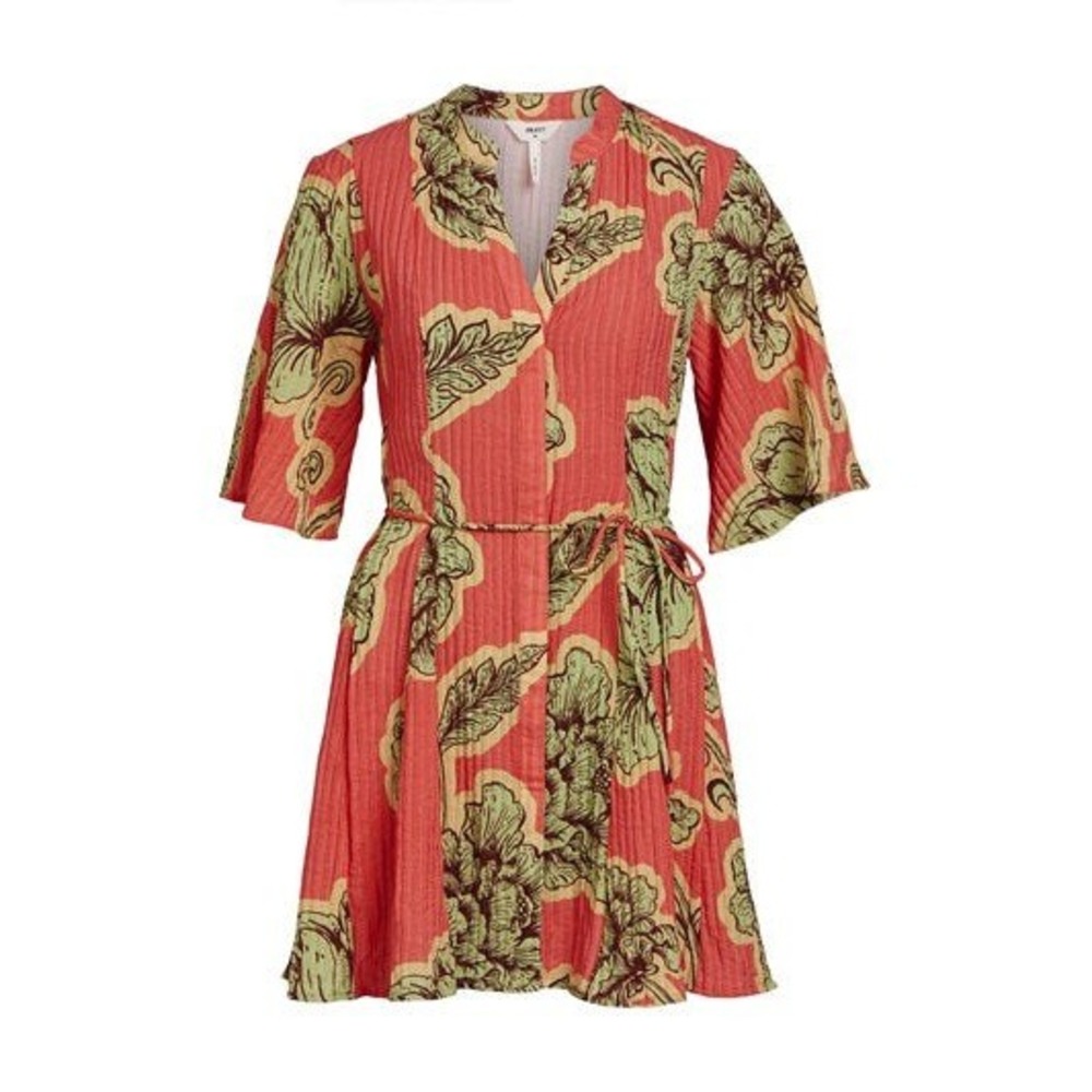 Object Collectors Item Floral Mini Dress Red Coral‎ Green Short Sleeve Size 36 - Picture 5 of 10